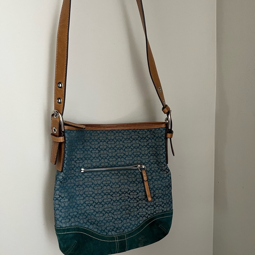 Coach Signature Jacquard teal blue & tan crossbody/shoulder bag